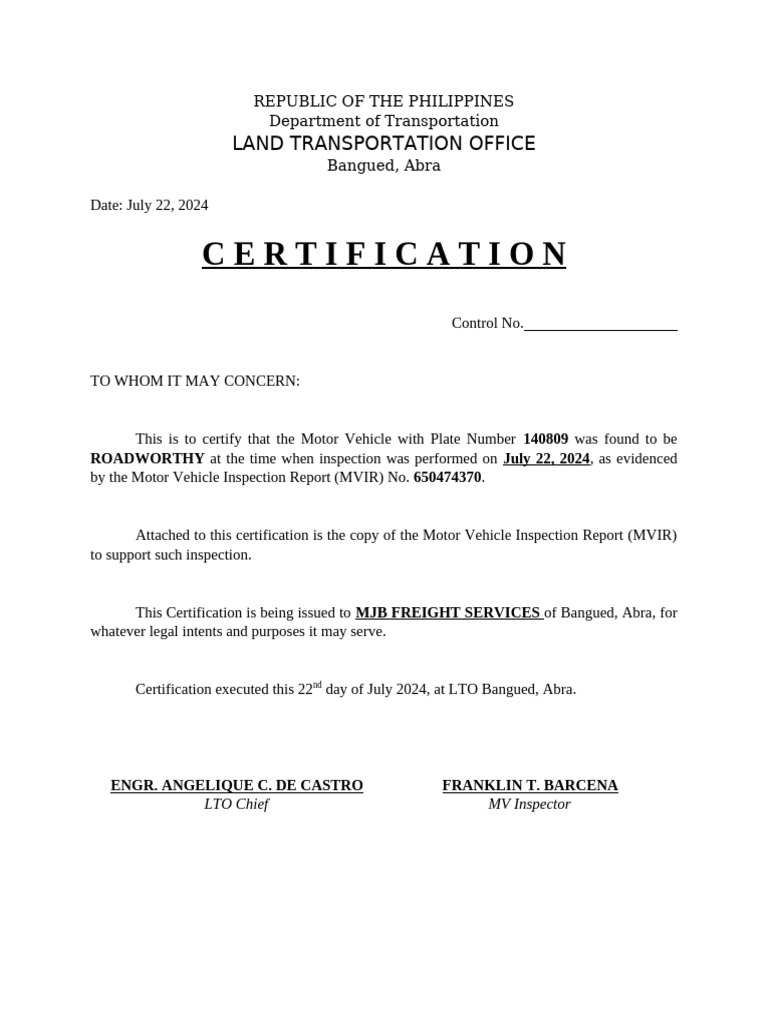 Motor Vehicle Roadworthiness Certification | PDF
