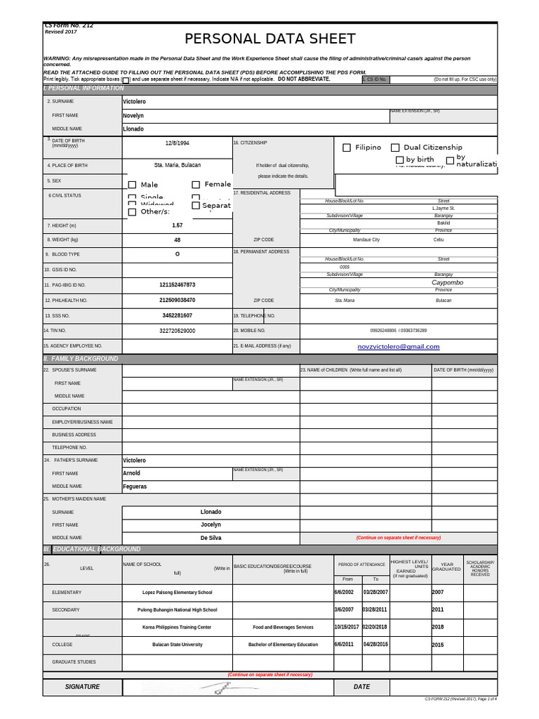 Personal Data Sheet Template | PDF | Government