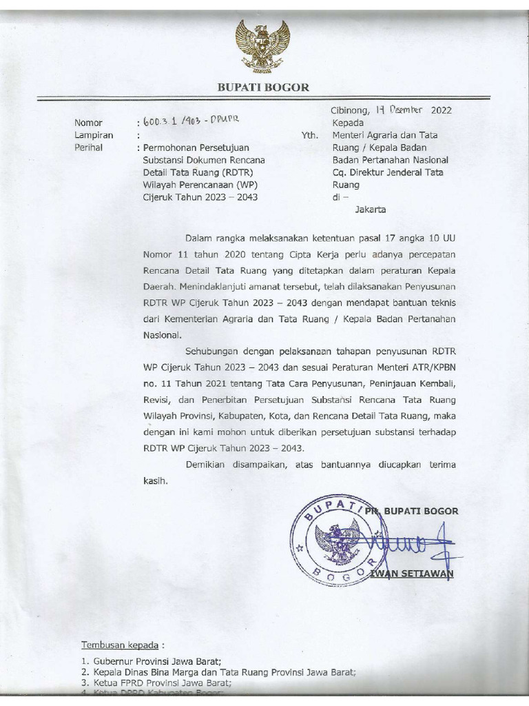 Surat Permohonan Persub RDTR WP Cijeruk | PDF
