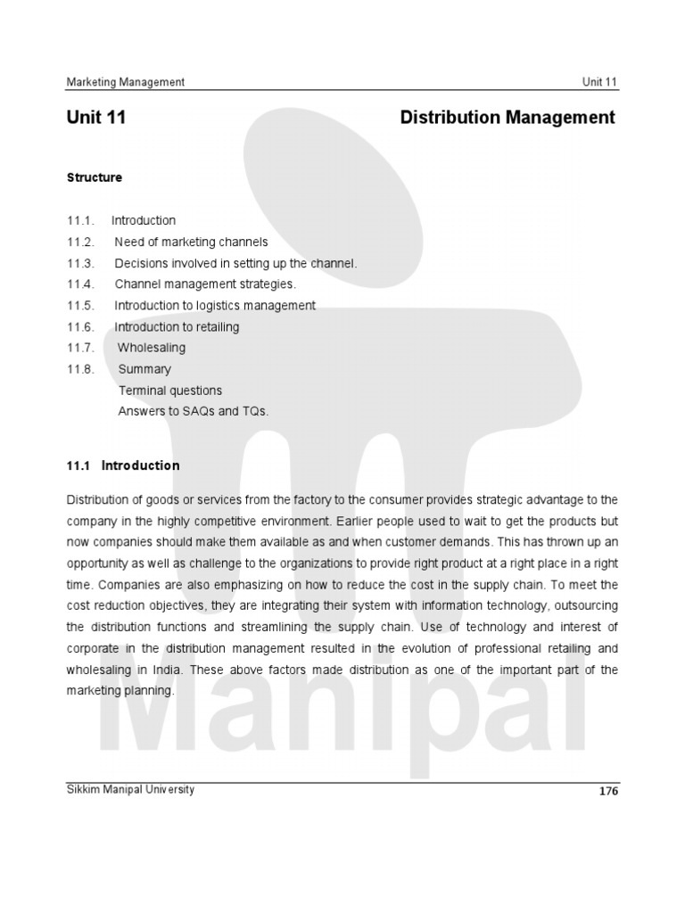 Unit 11 Distribution Management: Structure | PDF | Business | Finance ...