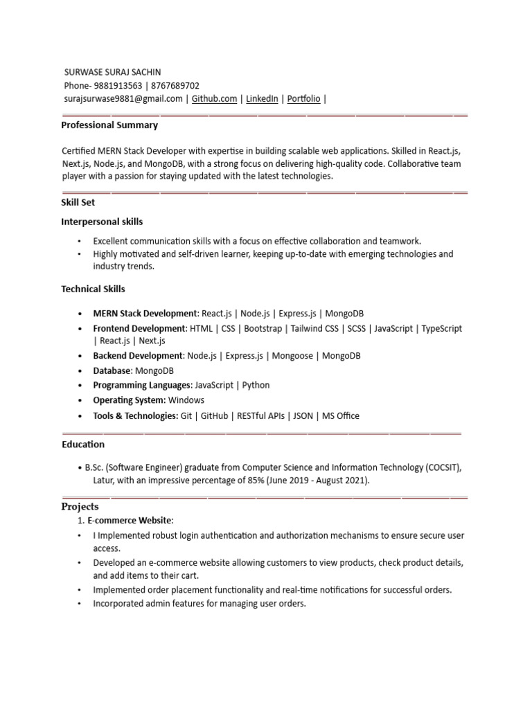 MERN Stack Developer Resume | PDF | Java Script | Software