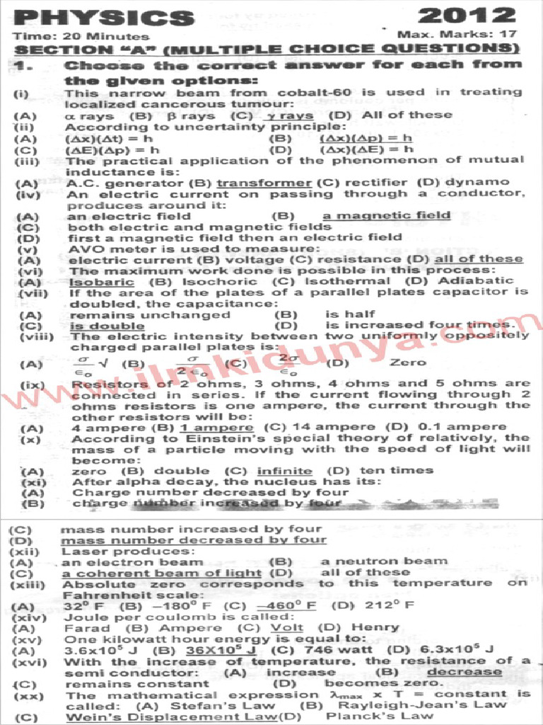 Karachi Board Physics Inter Part 2 Past Paper 2012 Section A | PDF