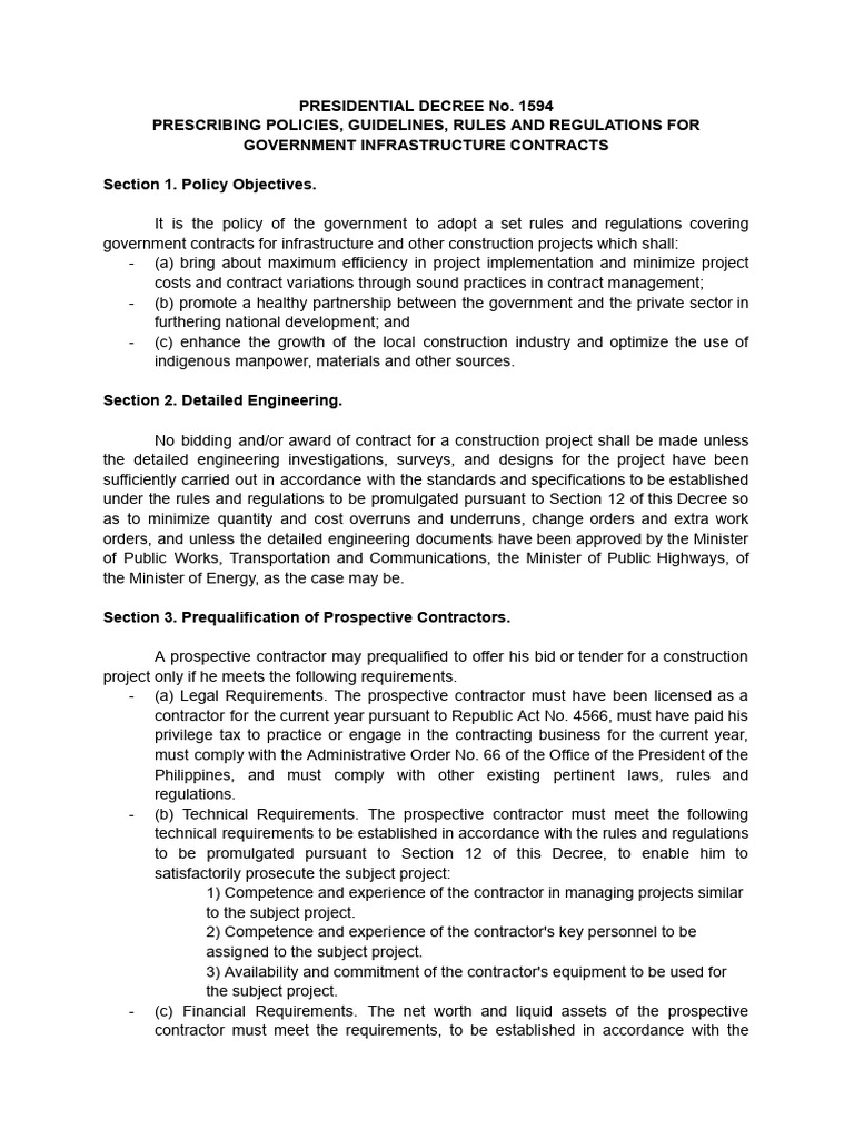 Topic 12 - Presidential Decree No. 1594 | PDF | Decree | Business