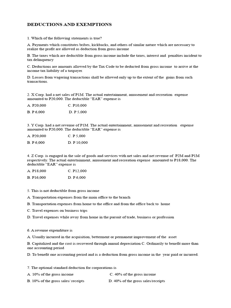 Deductions and Exemptions - CPAR Reviewer | PDF | Tax Deduction | Gross ...