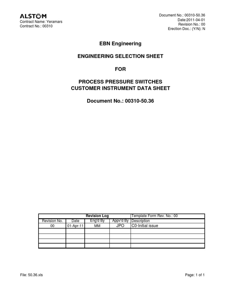 EBN Engineering Engineering Selection Sheet FOR Process Pressure ...