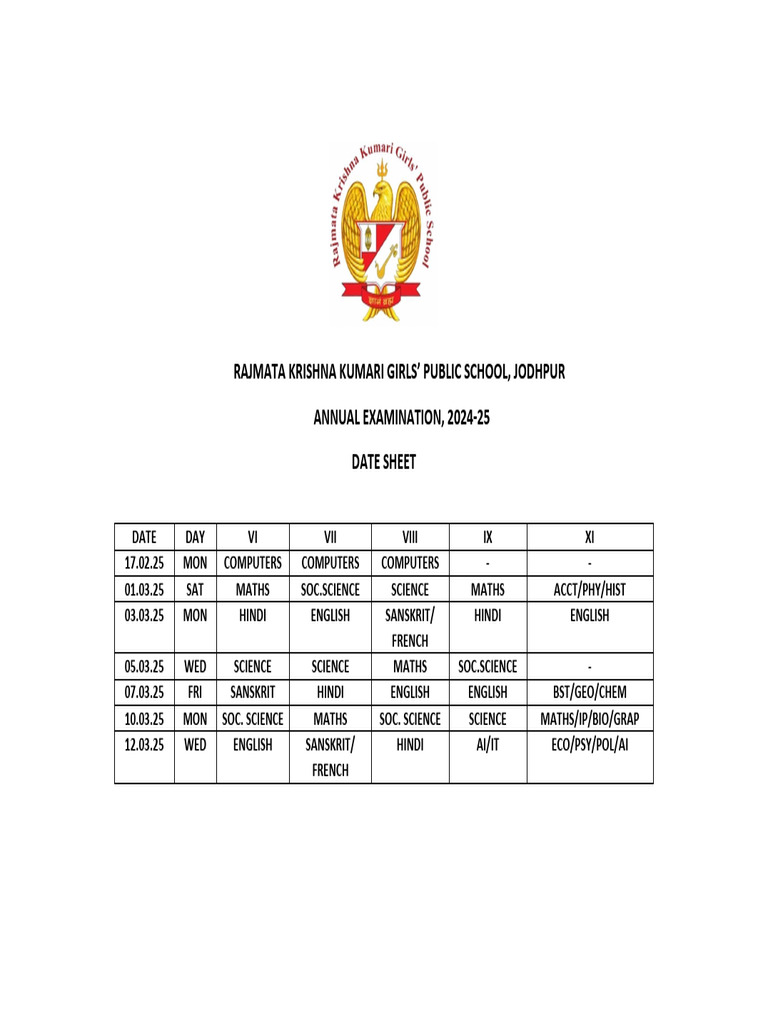 Date Sheet of Annual Examination 2024-25-1796898121 | PDF