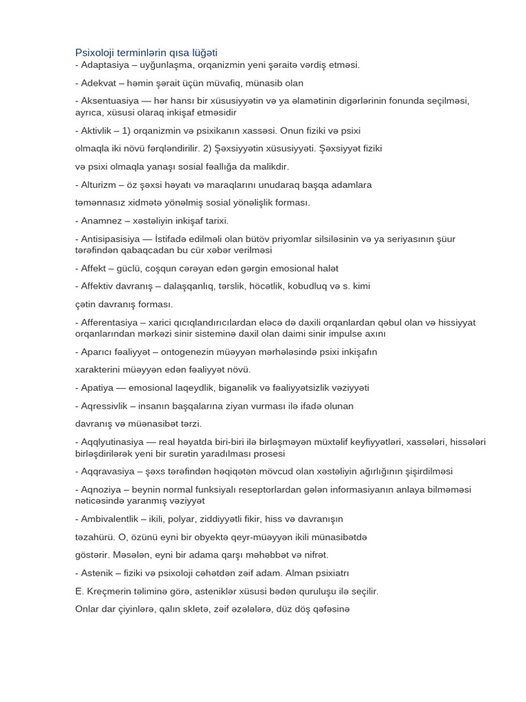 Psixoloji Terminlərin Qısa Lüğəti | PDF