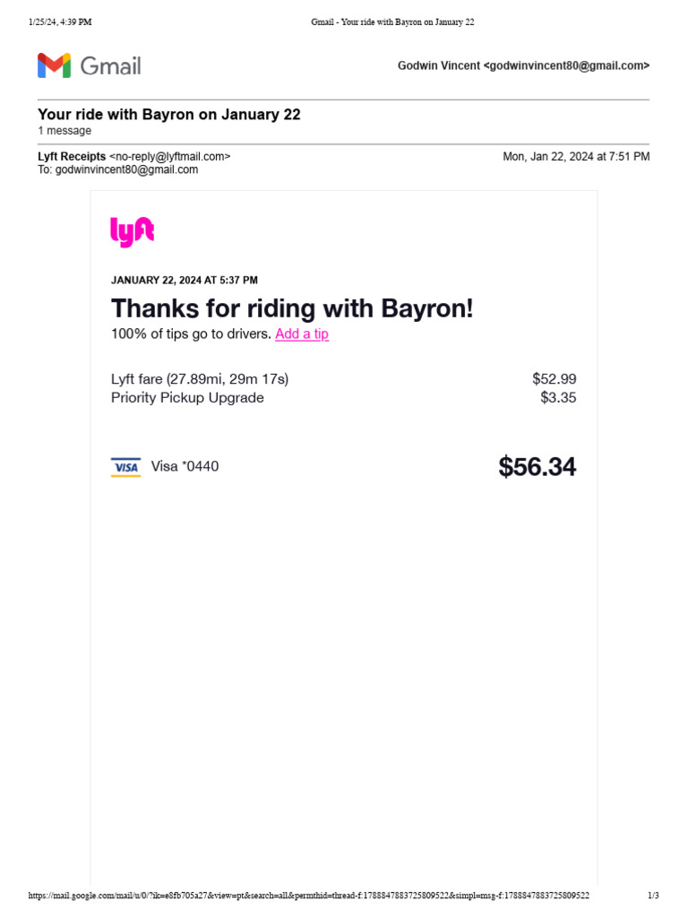 Lyft Ride Receipt for January 22 | PDF