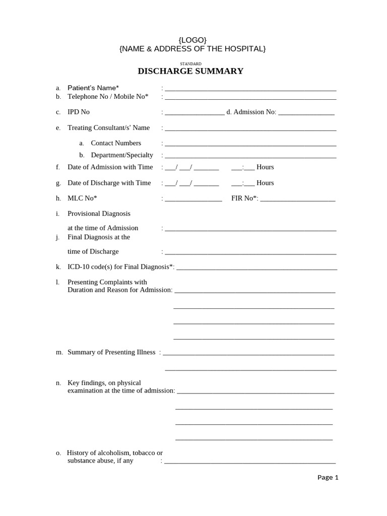 Standard Hospital Discharge Summary Template | PDF | Social Programs ...