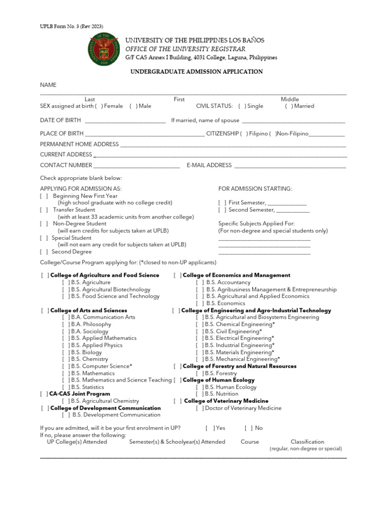 UPLB B.S. Accountancy Admission Form | PDF | Bachelor Of Science ...