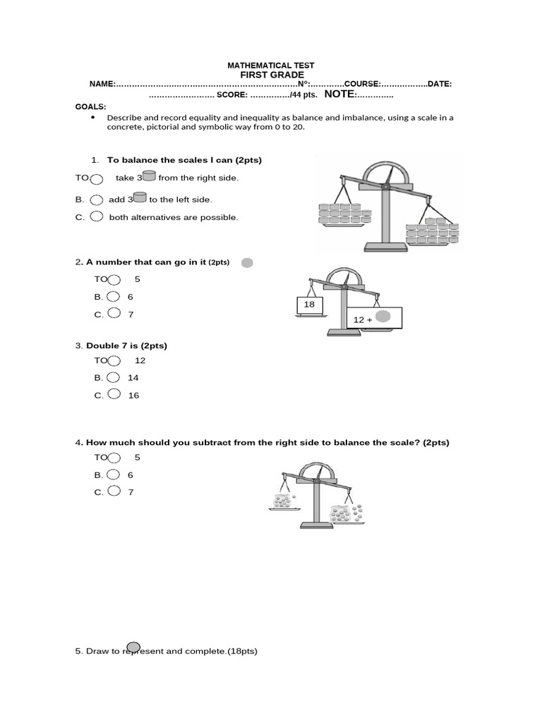 First Grade Math Test on Equality | PDF