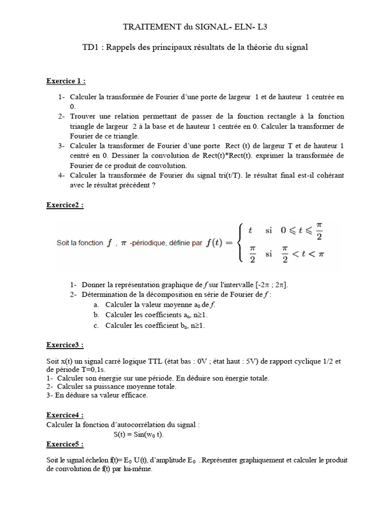 Transformées de Fourier et signaux en TD1 | PDF