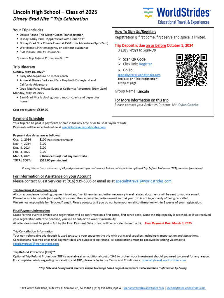 2025 Lincoln Disney Grad Nite Trip Registration Flyer PDF