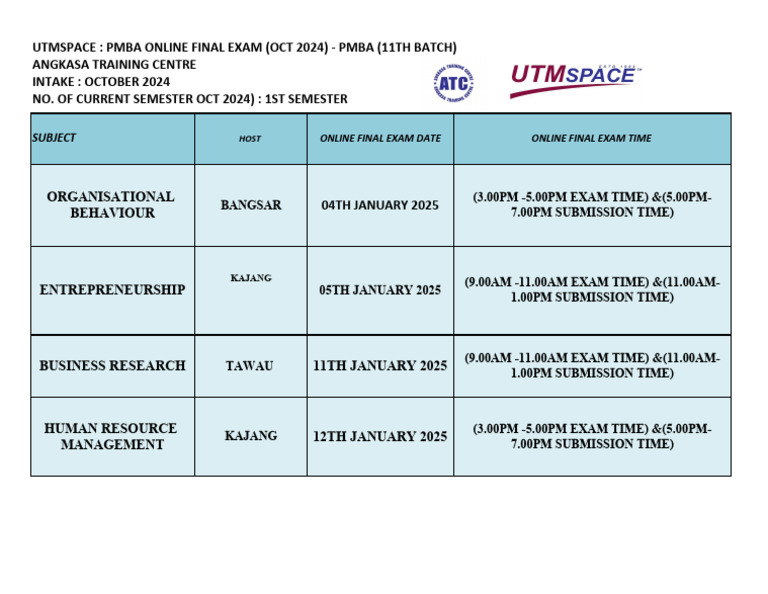 PMBA Online Final Exam Schedule 2024 | PDF
