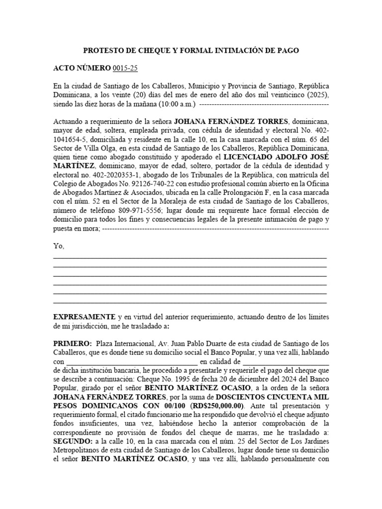 Protesto de Cheque y Intimación Legal | PDF | Cheque | República Dominicana