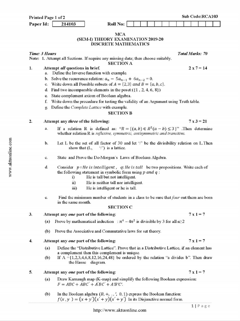 Mca 1 Sem Discrete Mathematics Rca103 | PDF