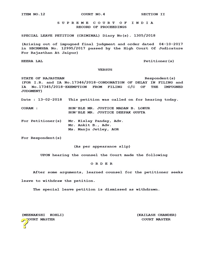 Supreme Court SLP Dismissed Withdrawn | PDF