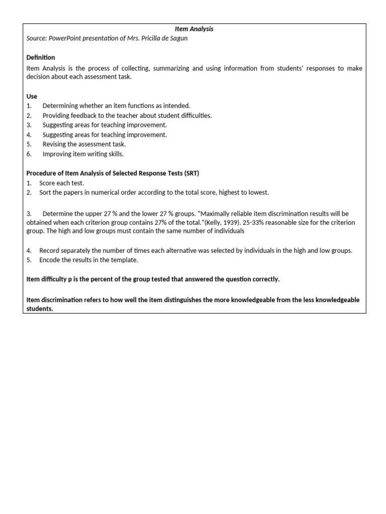 Item Analysis Sample Form | PDF | Evaluation Methods | Cognition