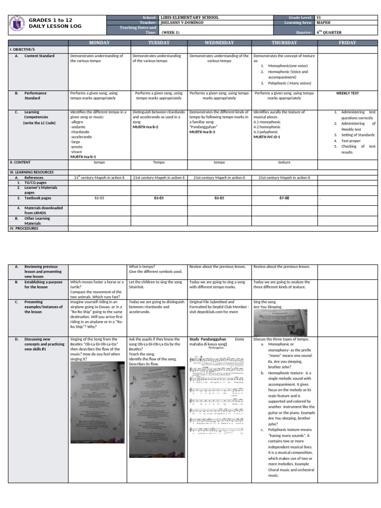 MAPEH Lesson Plan for Grade VI | PDF | Tempo | Songs