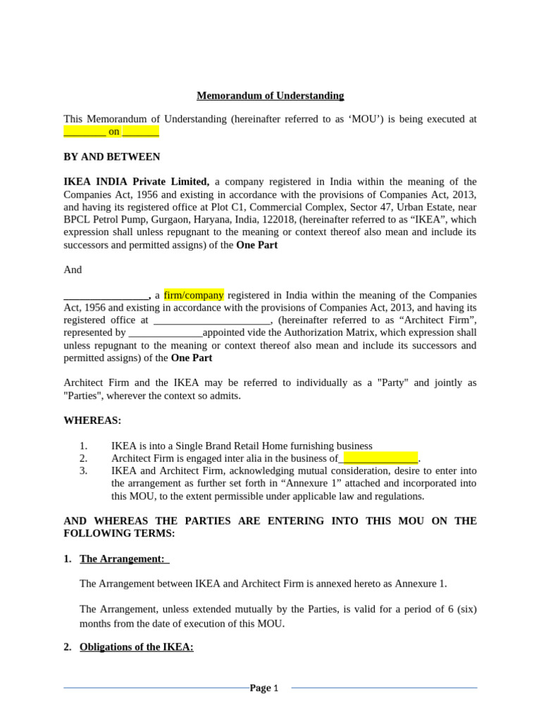IKEA India Architect Firm MOU Agreement | PDF | Indemnity | Civil Law ...