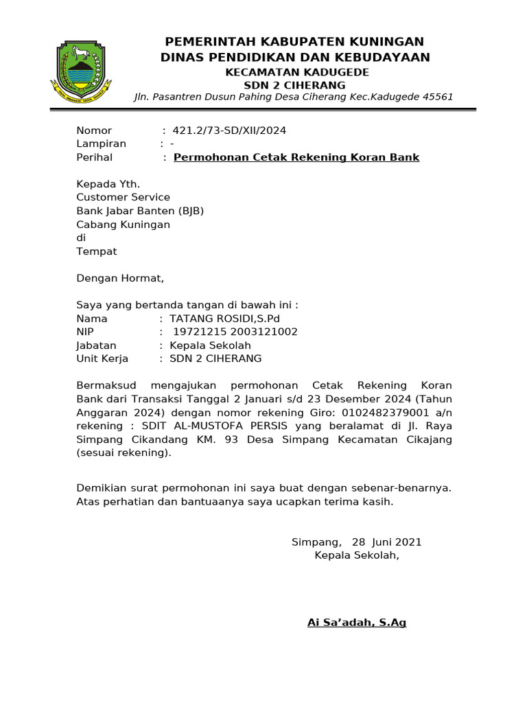 Permohonan Cetak Rekening Koran Bank | PDF