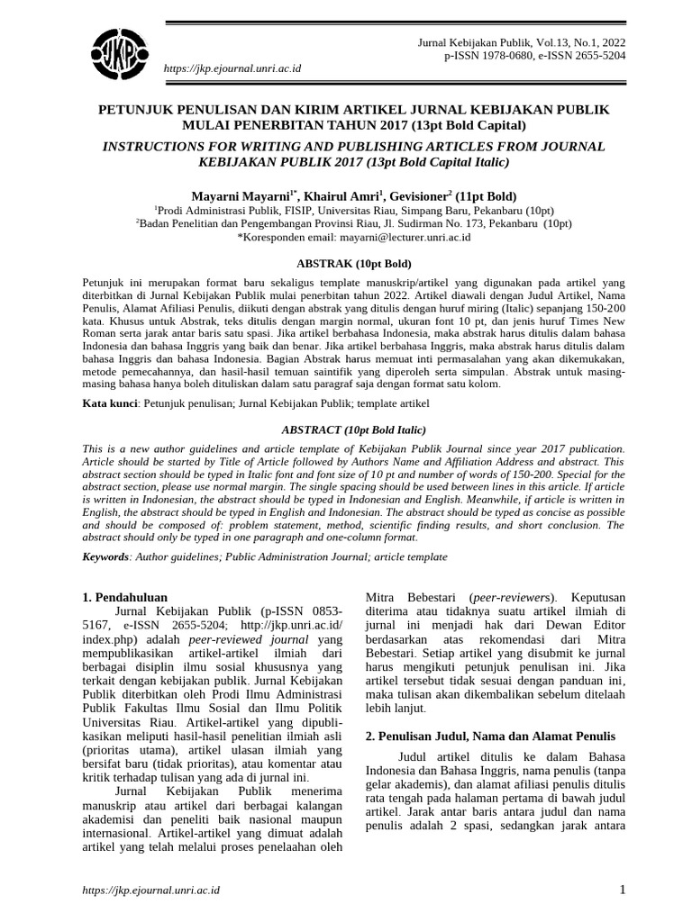 Petunjuk Penulisan Jurnal Kebijakan Publik | PDF