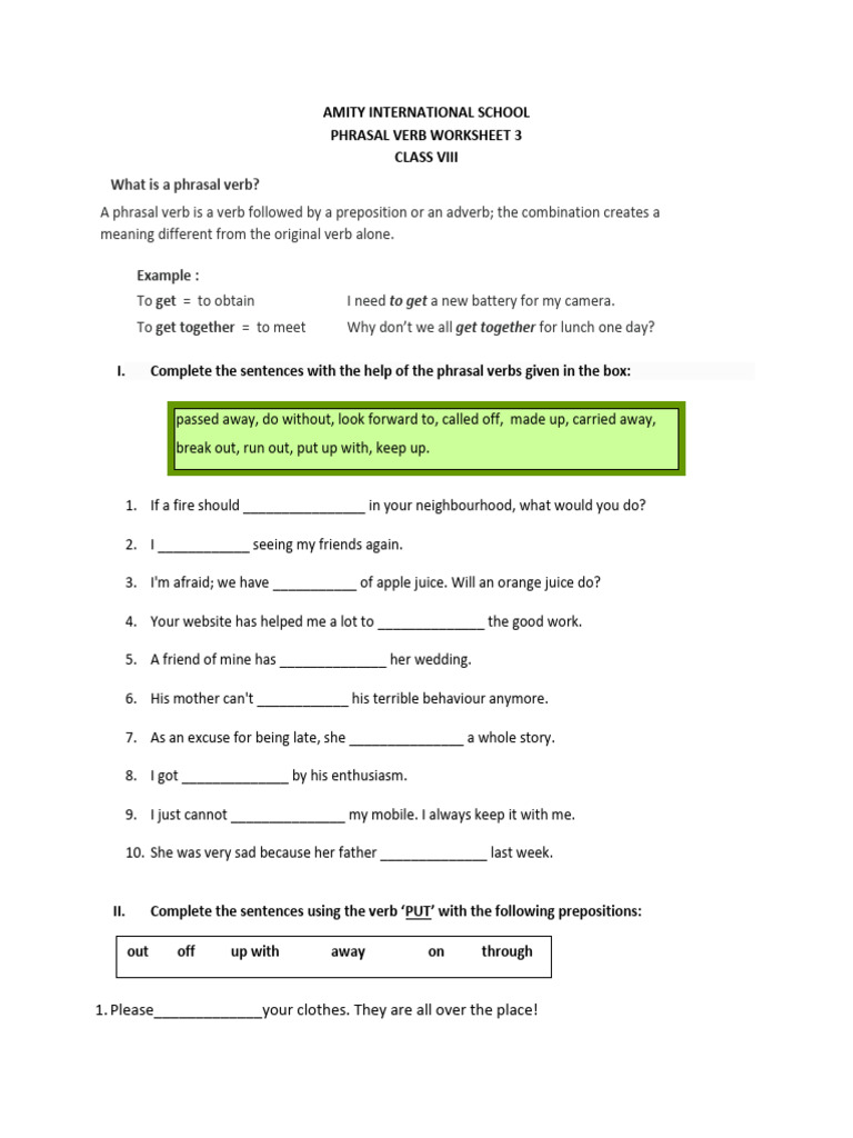 Phrasal Verb Worksheet for Class 8 | PDF | Language Mechanics ...