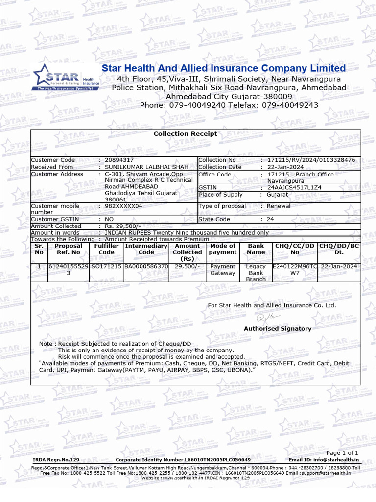 Star Health Insurance Receipt - Ahmedabad | PDF | Payments | Financial ...