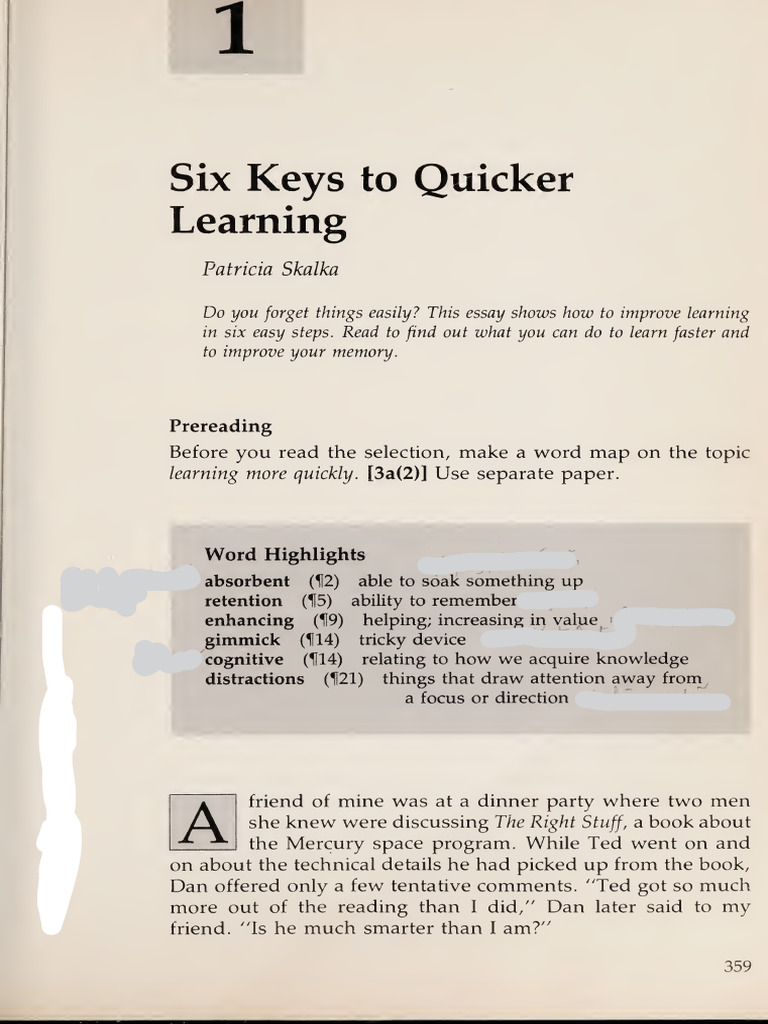 Six Key To Quicker Learning | PDF | Reading Comprehension | Memory
