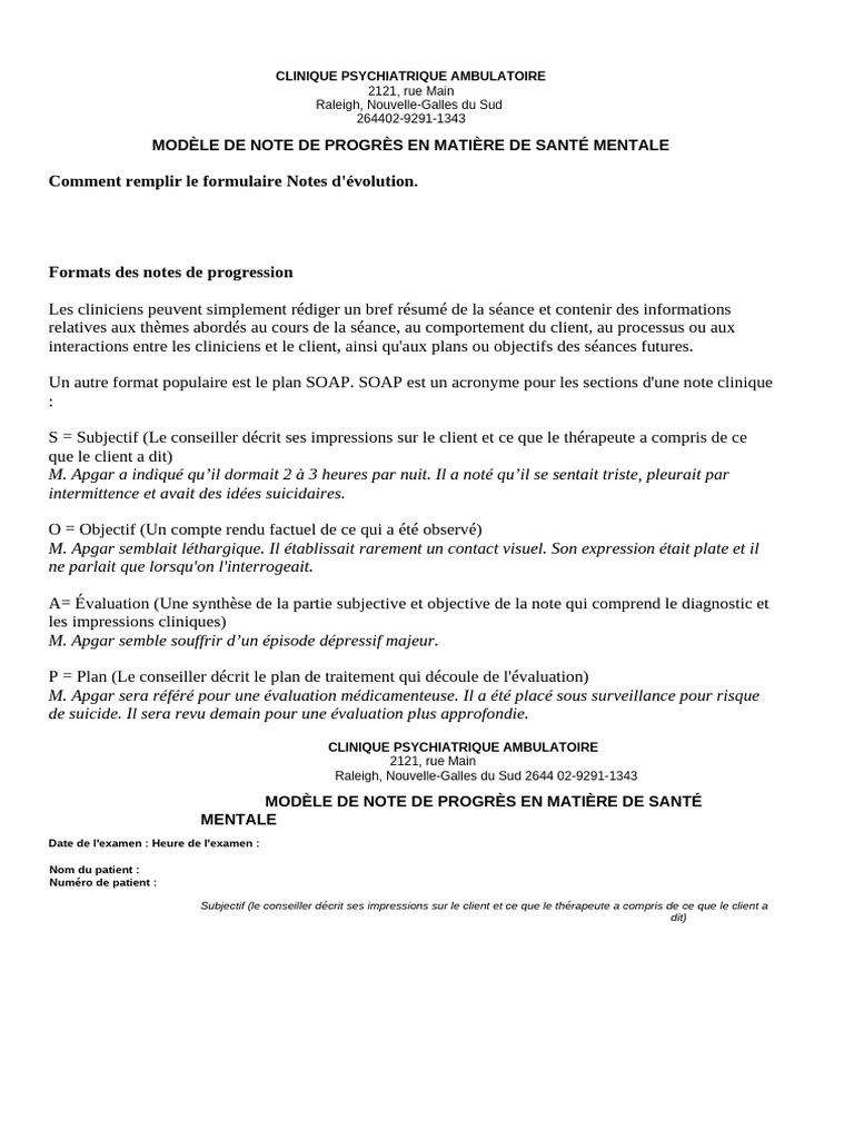 Modèle de note de progrès en santé mentale | PDF | Anxiété | Trouble mental