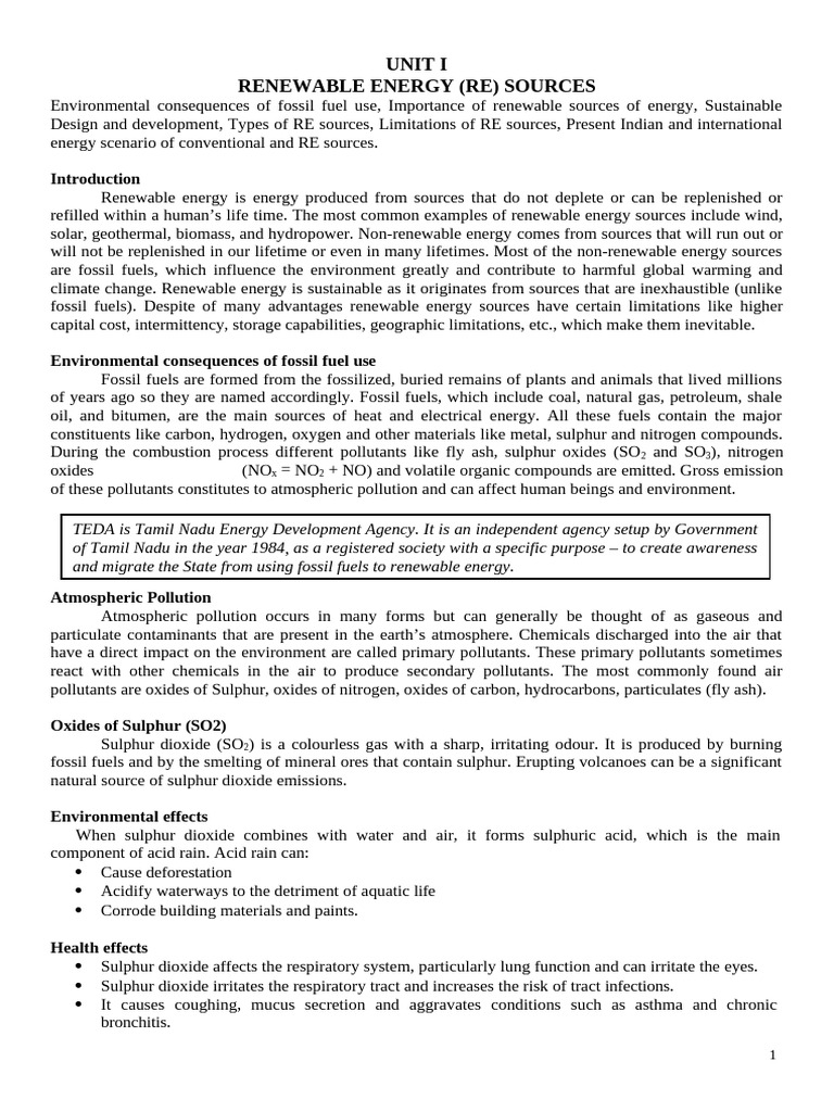 UNIT 1 | PDF | Renewable Energy | Sustainable Energy