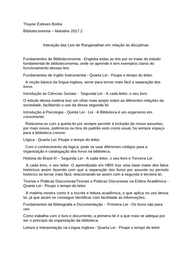 Interação das Leis de Ranganathan | PDF | Bibliotecas | Tempo