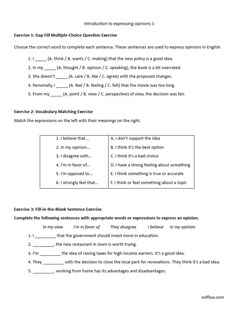 Opinion Expression Exercises for ESL | PDF