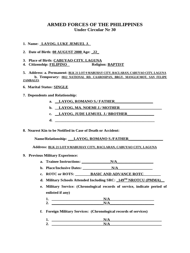 Philippine Army Reservist Application | PDF | Affidavit | Philippines