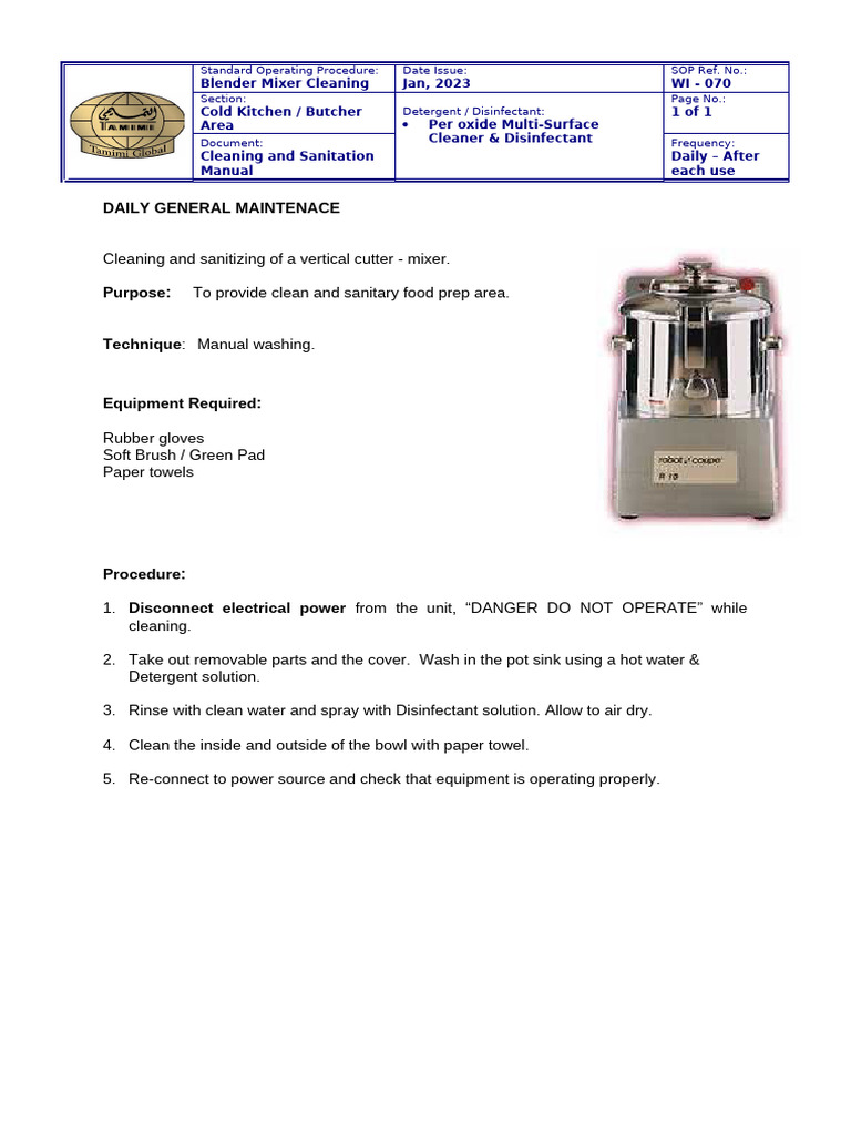 Vertical Cutter-Mixer Cleaning SOP | PDF