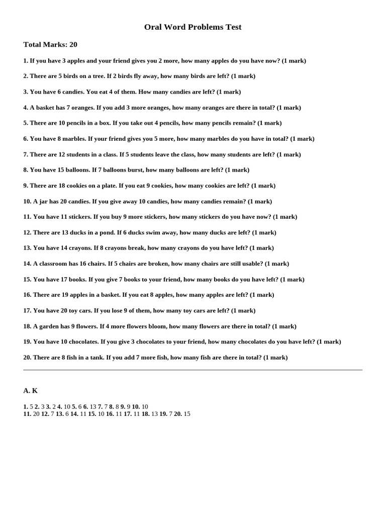 Oral Word Problems Test | PDF