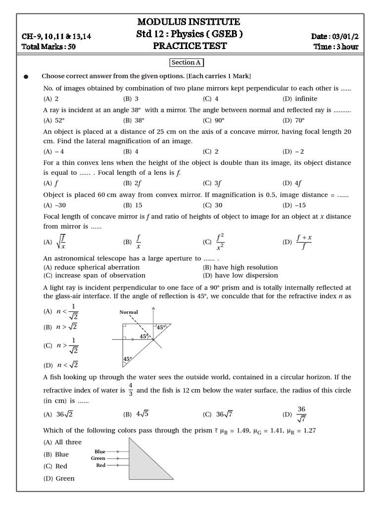 GSEB Std 12 Physics Practice Test | PDF | Optics | Electromagnetic ...
