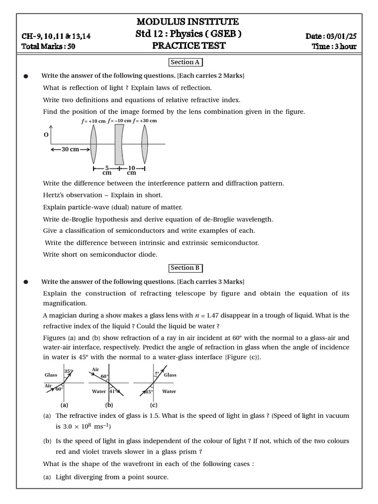PRACTICETEST - D03 Jan 2025 3 | PDF | Refraction | Light