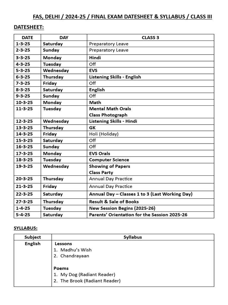 Class 3 Datesheet & Syllabus - Final Exam 2024-25 | PDF | Linguistic ...