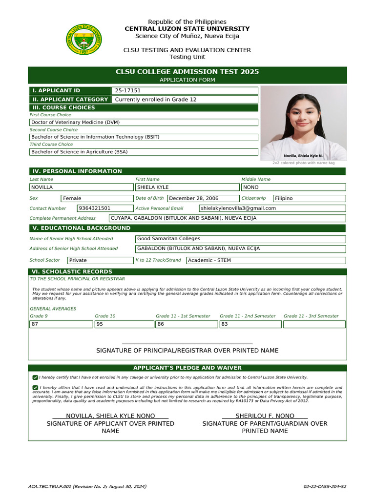2025 CLSU College Admission Test - Application Form and Test Permit | PDF