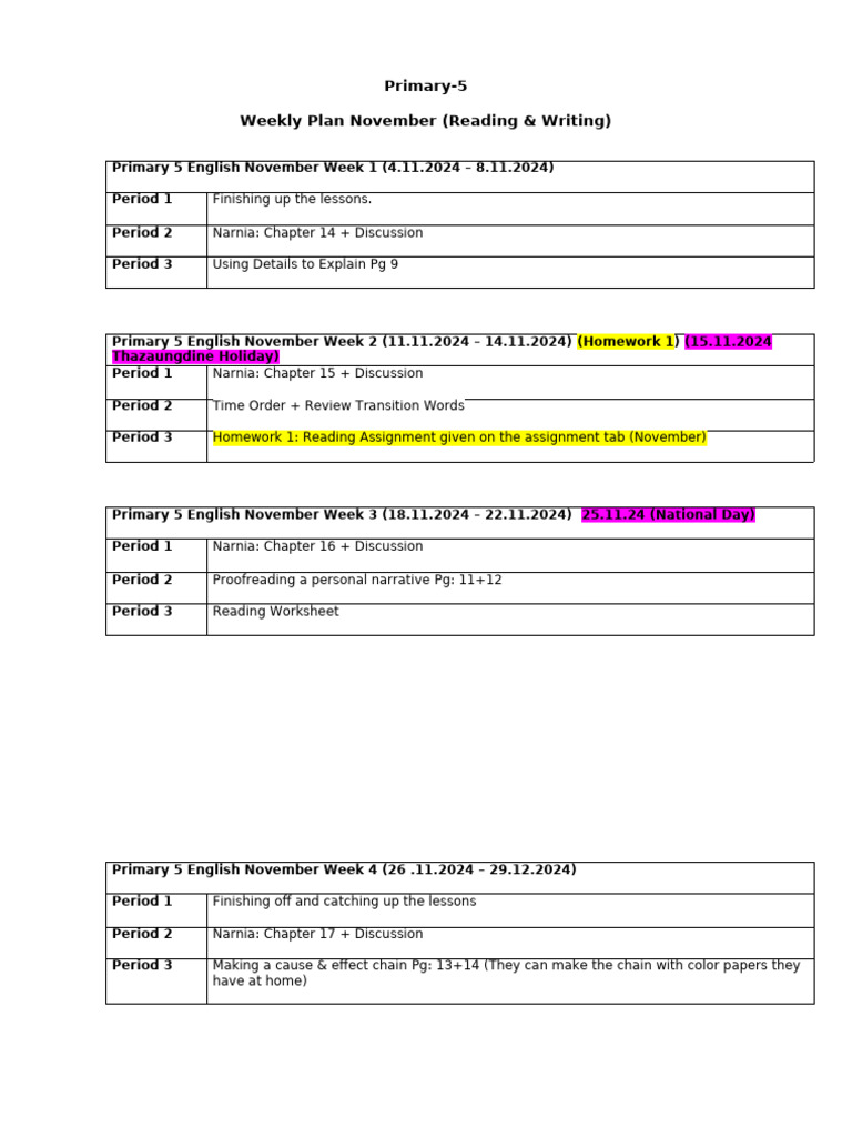 P5 November Weekly Plan Reading & Writing 2024-25 | PDF