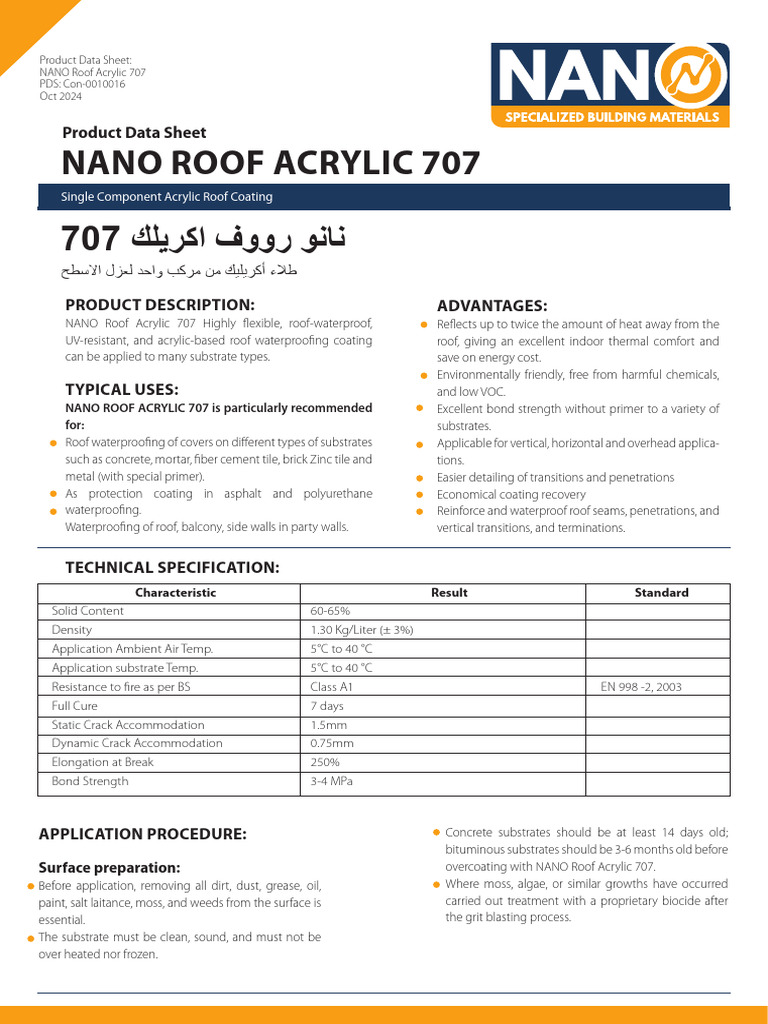 NANO Roof Acrylic 707 Data Sheet | PDF | Concrete | Roof