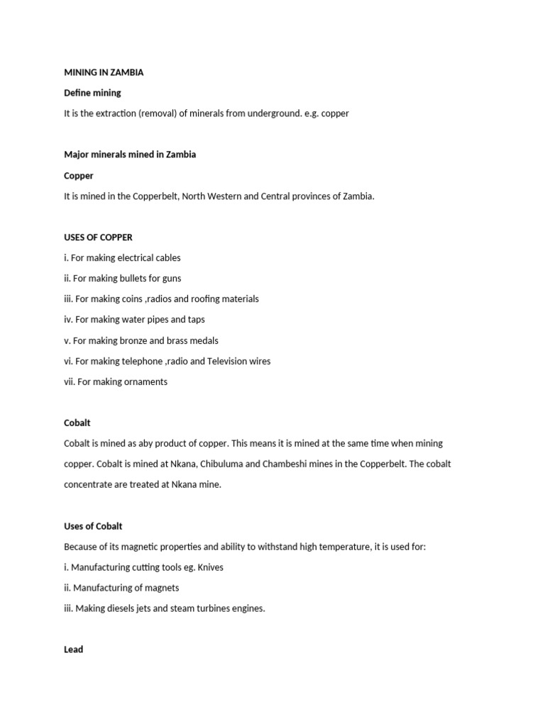 Mining in Zambia Notes | PDF | Copper | Mining