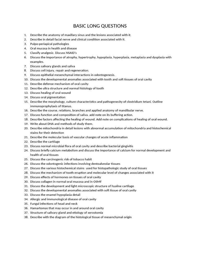 BASIC LONG QUESTIONS | PDF | Healing | Medical Specialties