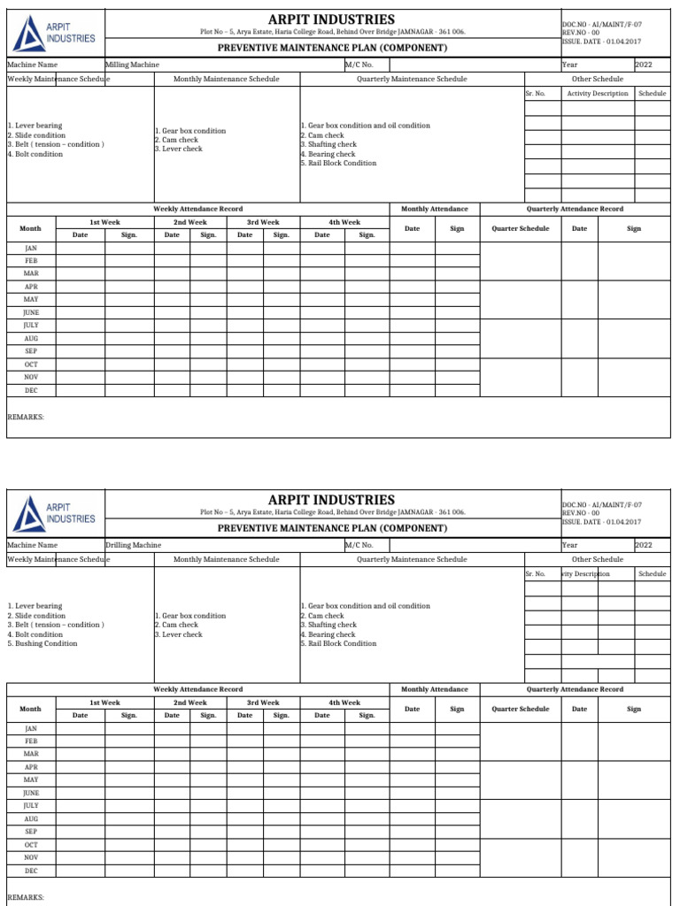 Preventive Maintenance Plan 2022 | PDF | Machines | Drill