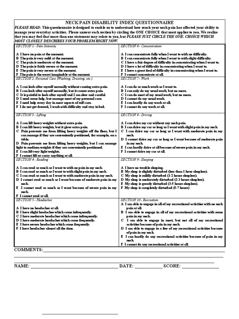 Neck Pain Disability Index Questionnaire Headache Pain