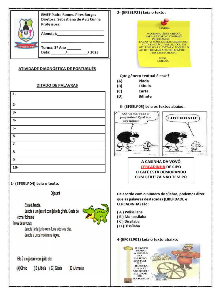 Atividade Diagnostica Portugues 3º Ano | PDF