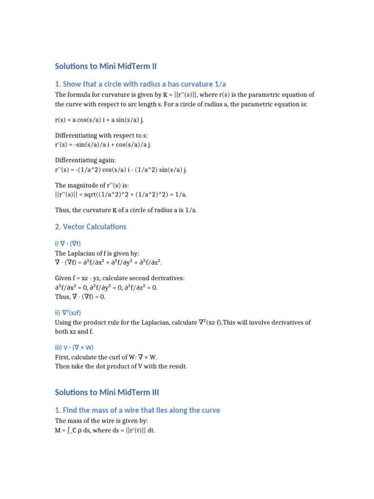 Curvature & Vector Calculations Solutions | PDF