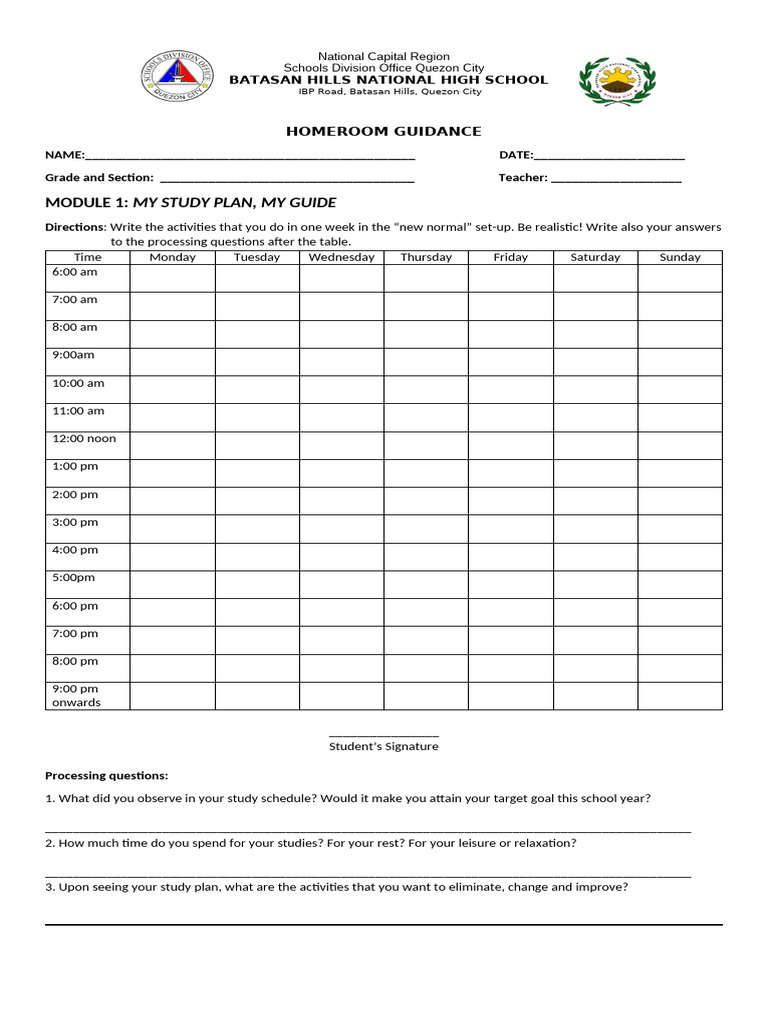 Homeroom Guidance Study Plan Module | PDF | Disciplines | Psychology