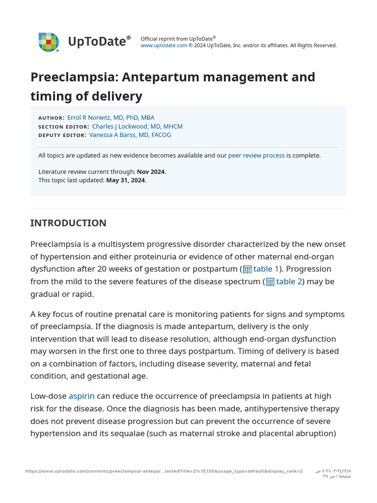 Preeclampsia: Management & Delivery Timing | PDF | Pregnancy | Childbirth
